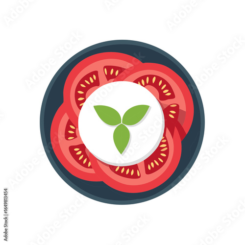 Caprese Salad Concept with Sliced Tomatoes Mozzarella and Basil Leaves on Plate