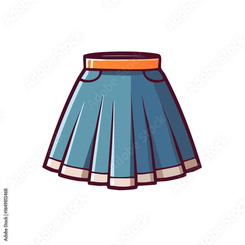 Cartoon style denim skirt illustration; cute, vintage blue garment with orange waistband and tan hem, girls or casual wear