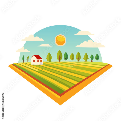 Flat Landscape Illustration of a Farmhouse on a Field with Trees and Sun Under Blue Sky