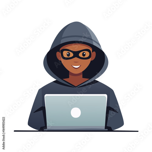 Cartoon Hacker with Hood Using Laptop Computer for Cybercrime