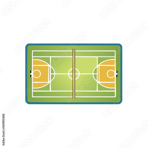 Overhead view of a basketball court illustration featuring painted lines and boundaries on a green field for sports competitions