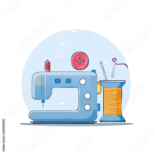 Sewing Machine with Thread, Needles and Button Illustration. Tailoring and Clothing Alteration Concept