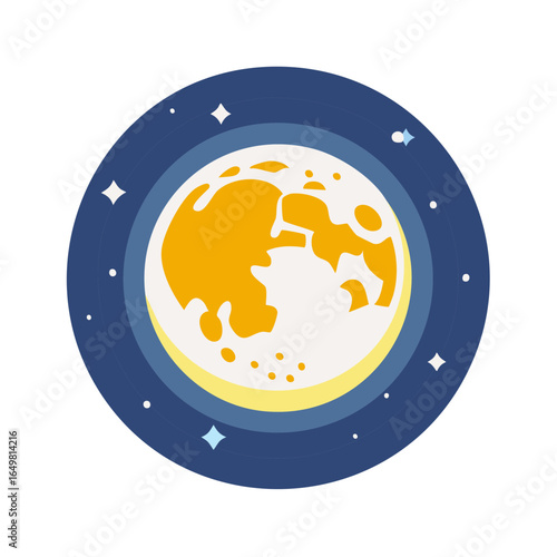 Stylized Full Moon with Craters Surrounded by Stars in a Round Night Sky Scene