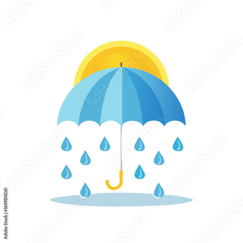 Illustration of Sun Peeking Behind Blue Umbrella with Falling Rain Drops in Graphic Style
