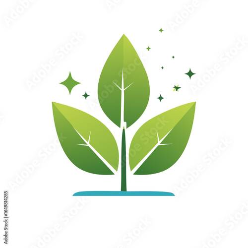 Fresh Green Leaves Logo Design Growing Plant with Sparkles Nature Icon