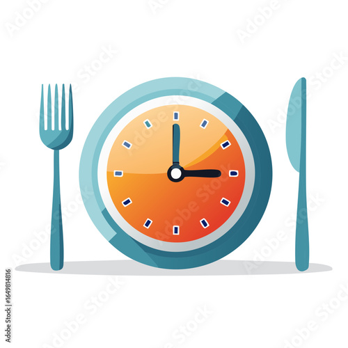 Lunch time concept with a clock plate and cutlery for dining and meal preparation