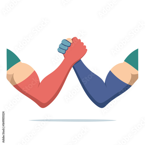 Cartoon arm wrestling illustration representing competition, challenge, rivalry, strength, and sportsmanship, ideal for vector art.