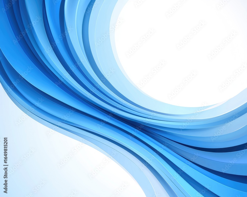 Fototapeta premium Abstract composition with flowing, layered ribbons of gradient blue hues against a white background, creating a sense of movement and depth. Soft curves and highlights