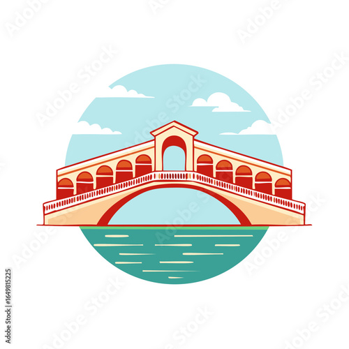 Elegant bridge icon water illustration with archways and blue sky circle background