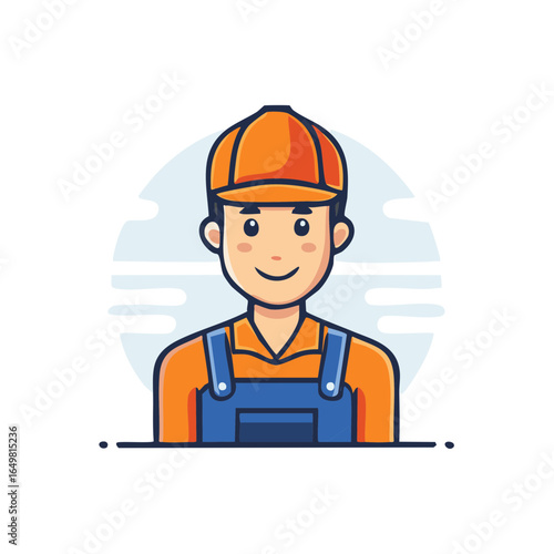 Smiling Worker Avatar in Overalls and Cap Cartoon Style Illustration