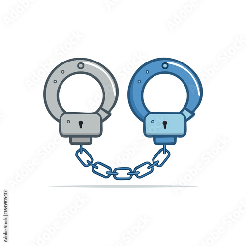 Vector Handcuffs Illustration: Single Pair in Silver and Blue with Chain Link Details