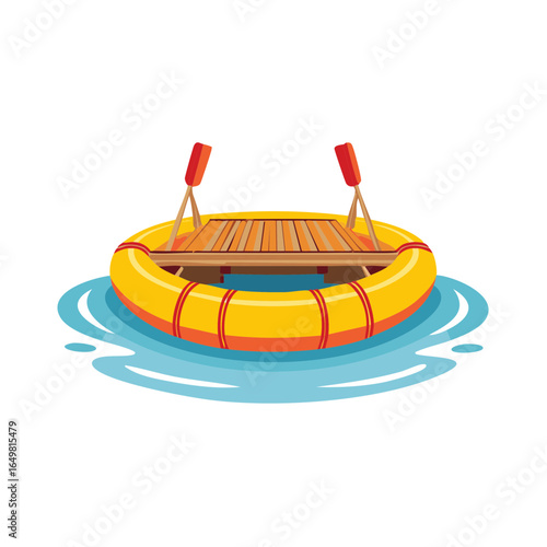 Inflatable raft with platform and oars on water for recreation or adventure sports icon graphic style illustration