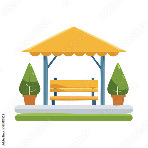 Illustration of a shaded gazebo with a park bench and potted plants. Simple design