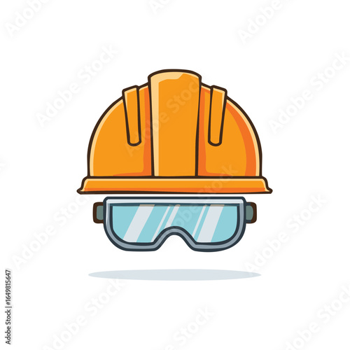 Cartoon illustration of safety equipment with a protective helmet and goggles in bright orange and light blue tones.