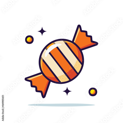 Wrapped candy with orange accents and sparkling stars in an illustration style.