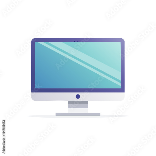 Illustration of sleek flat-screen computer monitor displaying cool blues and grays, with a stand, on a clean white backdrop