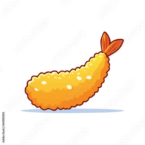 Isolated cartoon crispy fried prawn tempura with orange tail on a white background