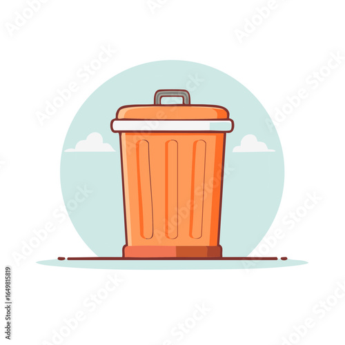 Orange trash can with lid, cartoon illustration on circular light blue backdrop, waste container.