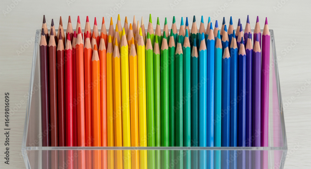 Obraz premium A close-up of a vibrant rainbow of new colored pencils in a clear holder.