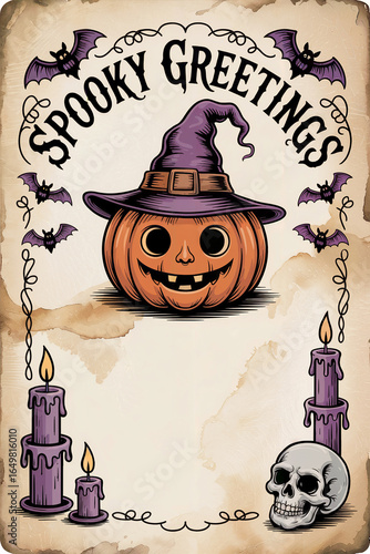 Creative Halloween greeting card design featuring a smiling pumpkin, candles, and bats in a vintage style