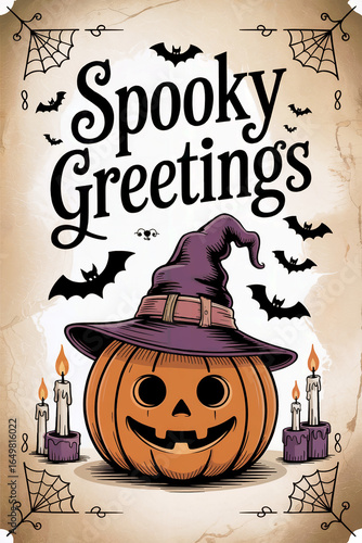 Spooky greetings card featuring a smiling jack-o'-lantern, candles, and bats in a festive Halloween design