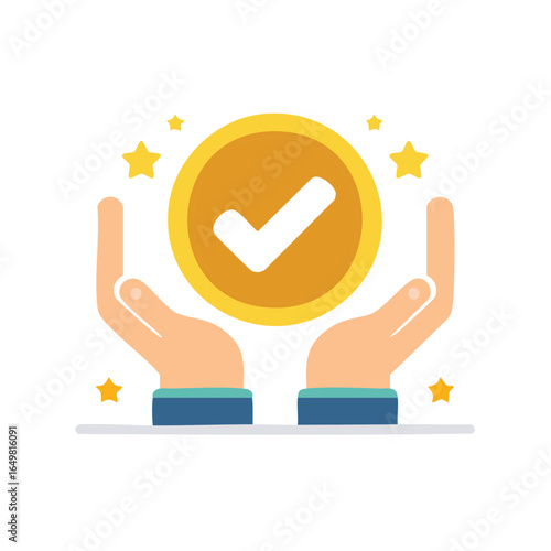 Hands Holding a Gold Coin with a White Checkmark Surrounded by Stars