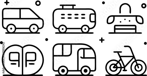 Transportation Icon Collection: A collection of meticulously crafted transportation icons in a minimalist style, featuring a diverse range of vehicles for effortless communication.
