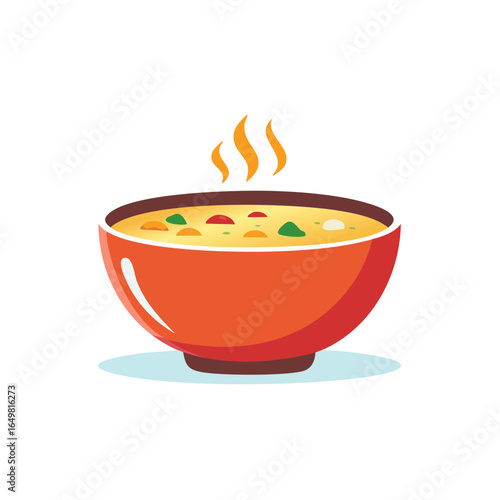 Steaming orange bowl filled with vibrant creamy vegetable soup ideal for comforting meal illustration.