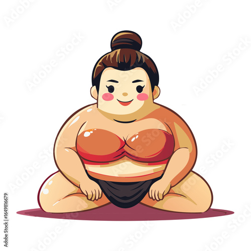 Female Sumo Wrestler Sitting Position with Smiling Face Isolated Illustration