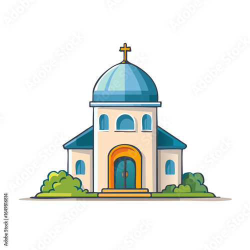 Charming Orthodox Church Illustration with Blue Dome, Cross, Arched Entryway, and Neat Bushes on the Grounds, Depicted in Cute Cartoon Style