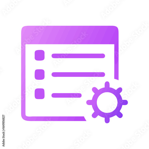 Vector art of purple icon representing settings, configuration, and customization with a gear and list, isolated on white background