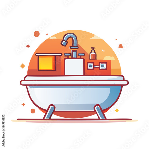 Stylized bathtub with tap and accessories against an orange and white background. Clean and modern bathroom, wellness concept