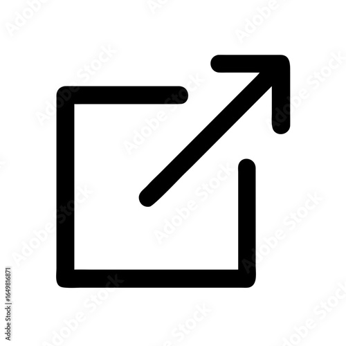Vector art of black square with a diagonal arrow pointing out from the bottom left corner, symbolizing expansion or opening a new window, isolated on white background
