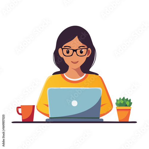 Young Adult Female with Laptop, Desk, Coffee, Plant Illustration