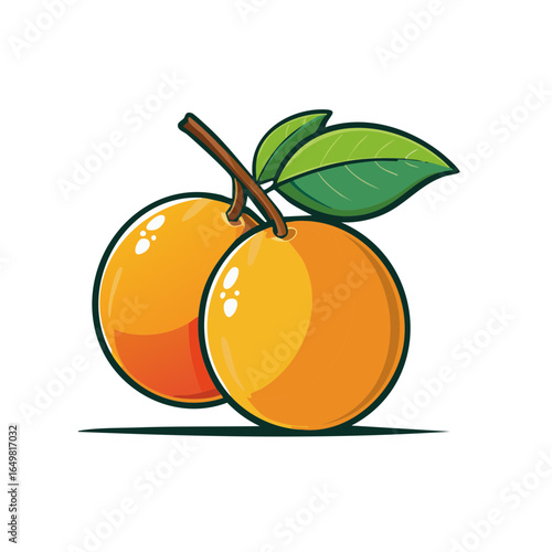Cartoon tangerines with stem and leaves, two citrus fruits isolated on a white background.