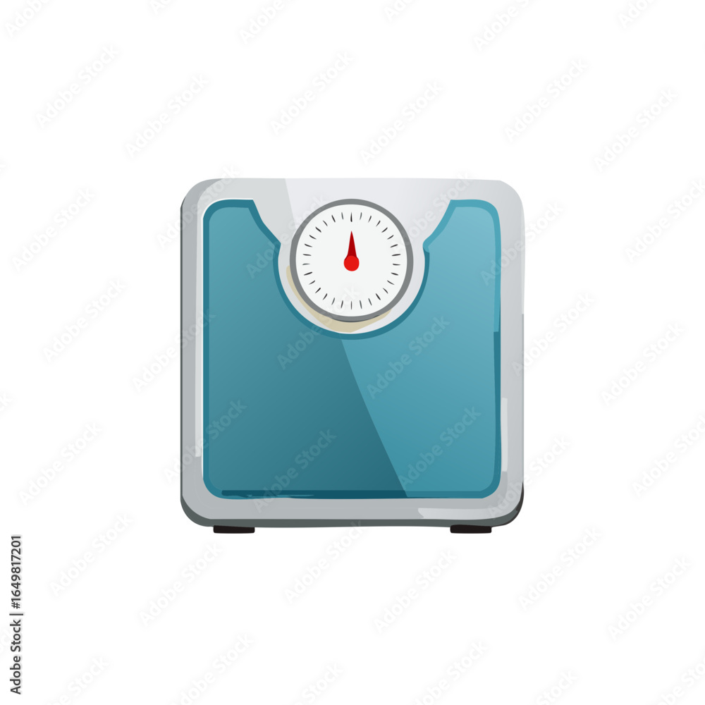 Cartoonish analog bathroom weighing scale in teal and white color scheme with red arrow indicator for wellness themes Cartoonish analog bathroom weighing scale in teal and white color scheme with red arrow indicator for wellness themes