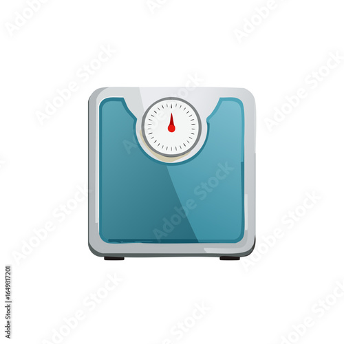 Cartoonish analog bathroom weighing scale in teal and white color scheme with red arrow indicator for wellness themes