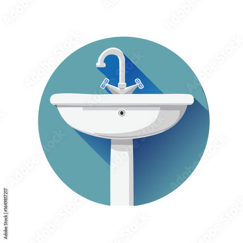 Bathroom Sink with Blue Accents: Flat Vector Illustration on Round Background