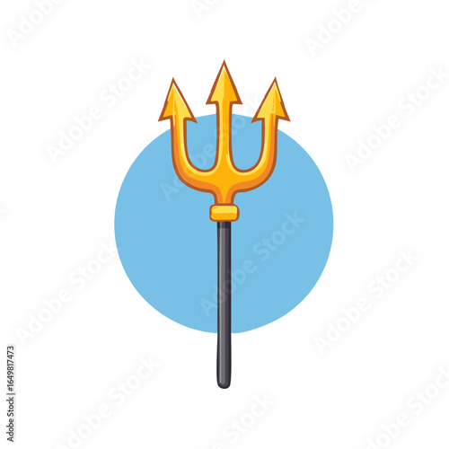 Gold cartoon trident with three sharp prongs for mythical sea gods and emperors