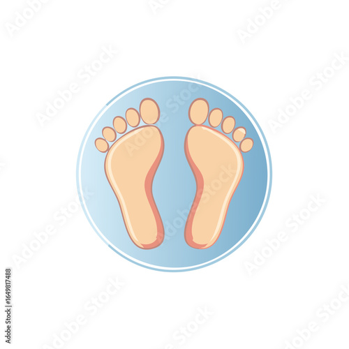 Human feet icon on light blue circular background symbolizing footprint, step, walk, movement and health