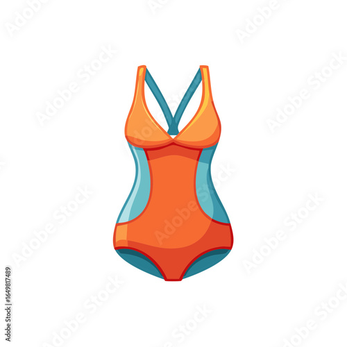 Fashionable orange and turquoise swimsuit, a summer one-piece design for swimming and recreation, simple vector style.