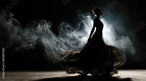 silhouette woman in long dress Silhouette of a dancer surrounded by wispy smoke, creating a dramatic and ethereal atmosphere.