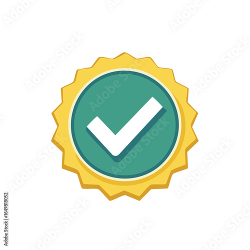 Vector Illustration of a Check Mark on a Green Circle and Gold Sunburst Background