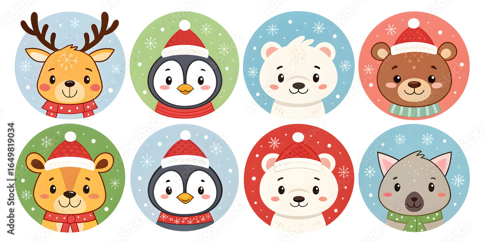 Cute Christmas animal faces including reindeer penguin polar bear and bear wearing Santa hats and scarves Cute Christmas animal faces including reindeer penguin polar bear and bear wearing Santa hats and scarves