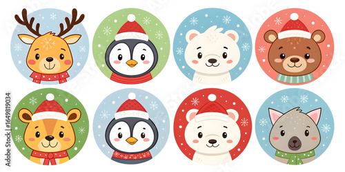 Cute Christmas animal faces including reindeer penguin polar bear and bear wearing Santa hats and scarves