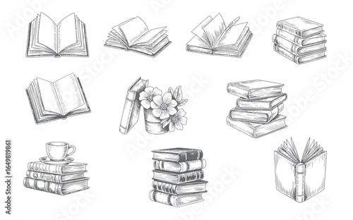 Vintage book collection in engraving sketch style. Retro hand drawn stacked books and open pages.
