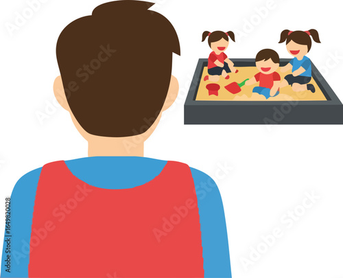 Father from behind watching his happy children play together in a sandbox, a vector illustration concept of parenting and family.