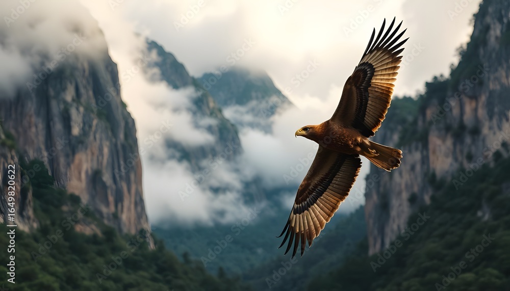 Fototapeta premium Golden Eagle in Flight Over Mountain Valley, Soaring Through Cloudy Peaks