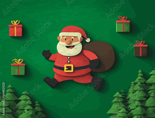 Jolly Santa Claus joyfully carrying a sack of gifts against a green festive background