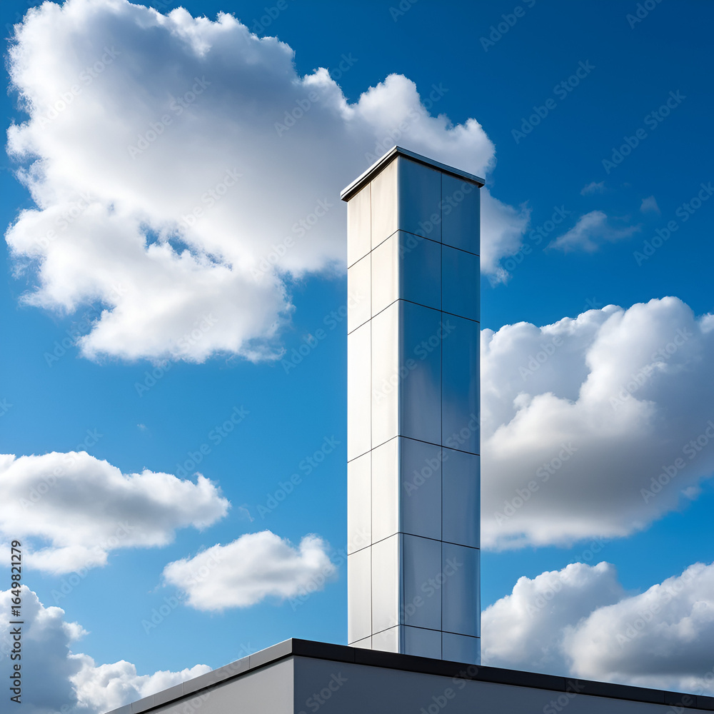 Obraz premium A sleek silver chimney against a bright blue sky with fluffy clouds, highlighting modern architecture.